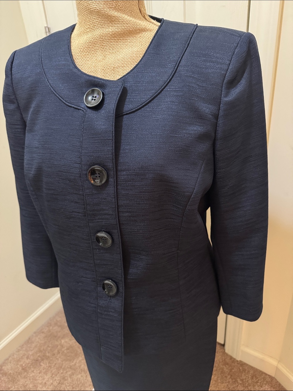 Evan Picone Navy Textured Button-Front Suit Jacket and Skirt 10P